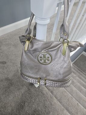 Metallic Grey Leather Tote with Gold Accents